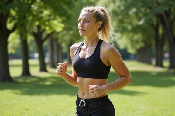 Egy futó nő, aki energikusan mozog egy parkban.